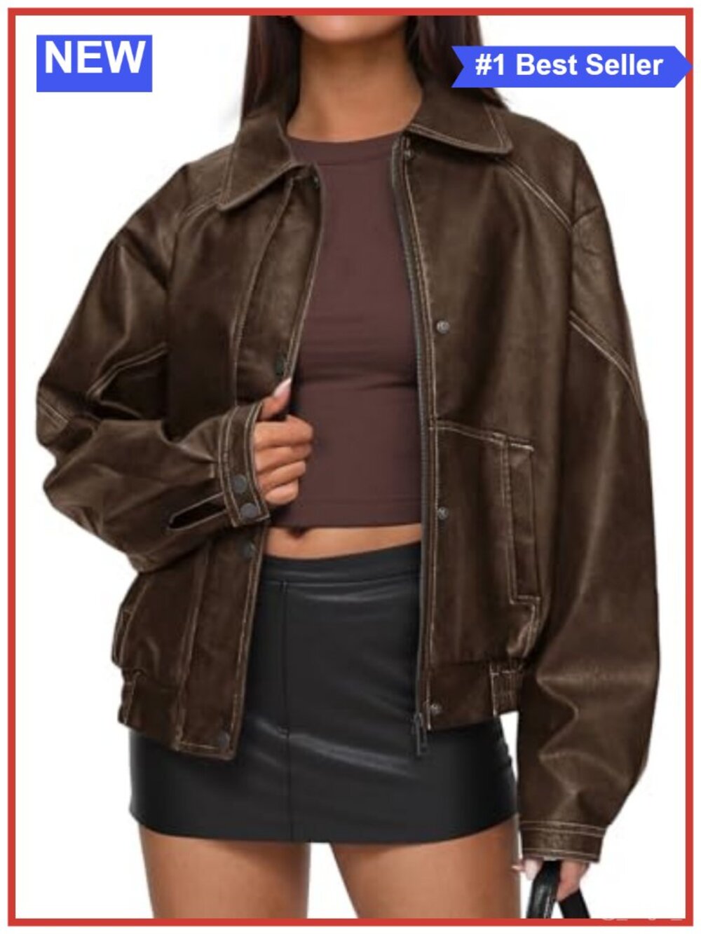 Oversized Faux Leather Moto Biker Jacket Button-Down Fall Winter Coat